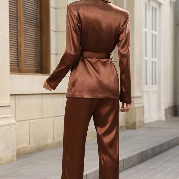 Brown Elegant Womens Satin Finish 2 Piece Suit with Metal Buckle Belt - Picture 3 of 7